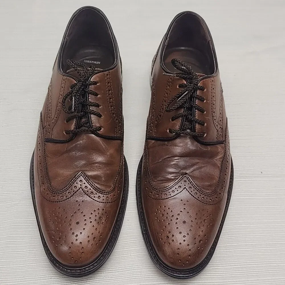 Johnston & Murphy Dress Shoes Wingtip Oxfords Brown Men Sz 8.5 Sheepskin Leather